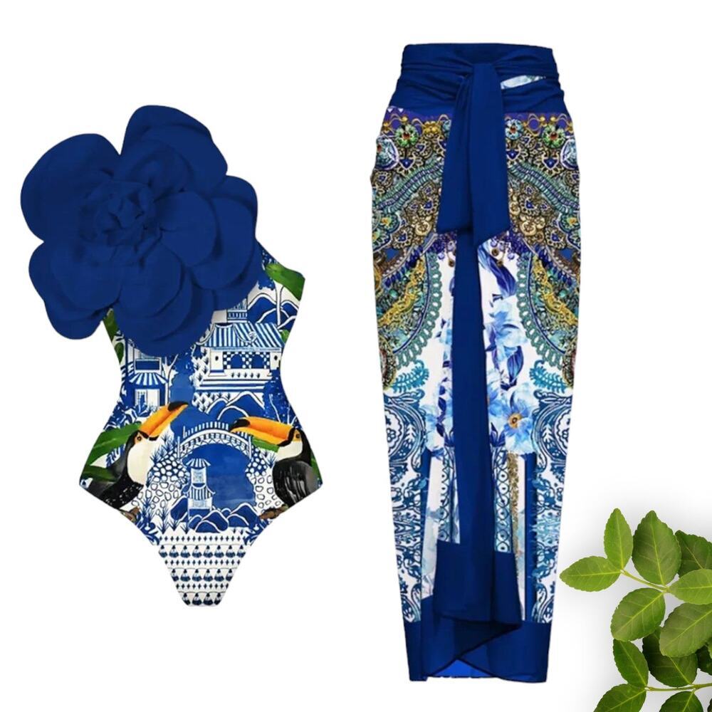 Blue 1-Piece Swimsuit Set With‎ Cover-Up, Lingerie